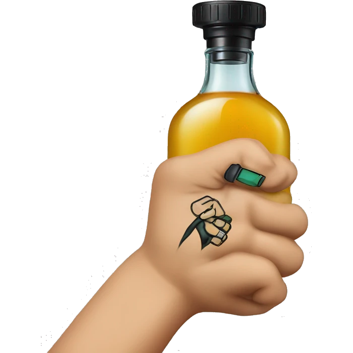 Fist front facing holding a cologne bottle with diesel tattooed on the fingers emoji