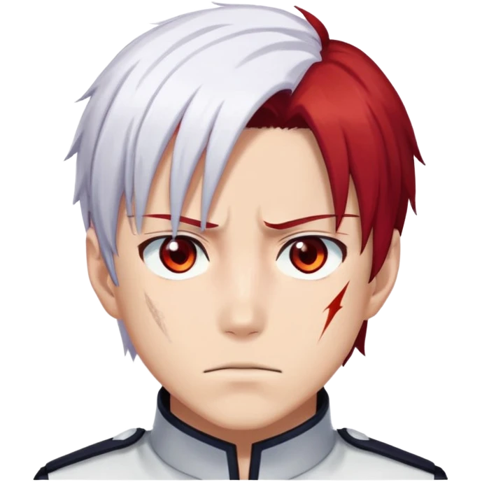 Shoto Todoroki face only, left side white hair, right side red hair, heterochromatic eyes, burn scar on left side of face, serious expression emoji