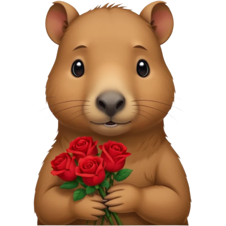 Cute baby capypara with sad puppy dog eyes holding roses  emoji