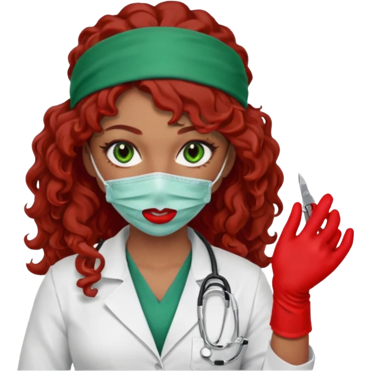 Lilith scalpel in hand, evil surgeon sexy surgeon clothes.  She has green  eyes. She brown long curly hair. Wears sexy doctor outfit with red gloves.hair is free and brown  Wears red bandana to hide  her mouth and nose emoji