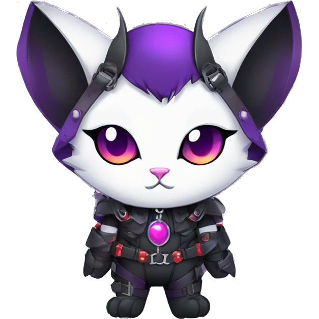 cool kawaii edgy evil techwear black purple red ethereal fantasy beautiful elegant bat-cat-Fakemon wearing legs spats a collar harness with jewelries full body emoji