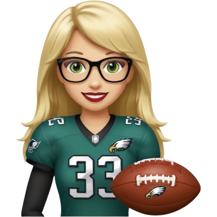 full length women wearing eagles uniform, long blonde hair, bangs, green eyes, black glasses, holding football, number 33, smiling, lipstick emoji