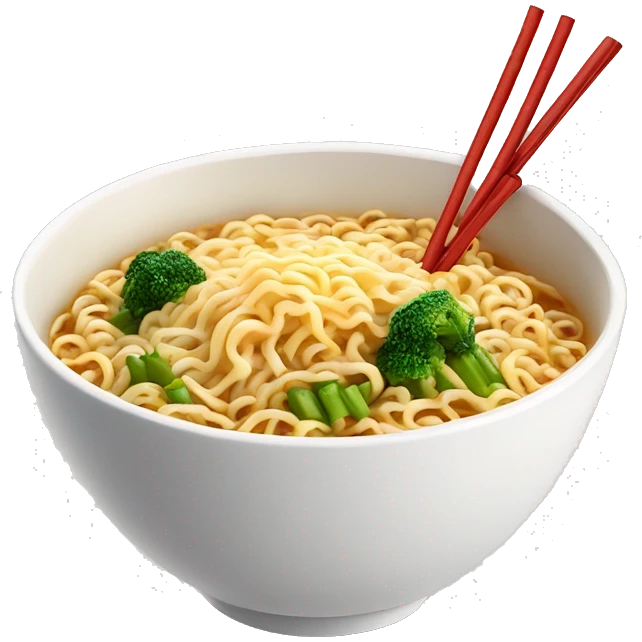 ramen noodles in a white bowl with chopsticks and vegetables  emoji
