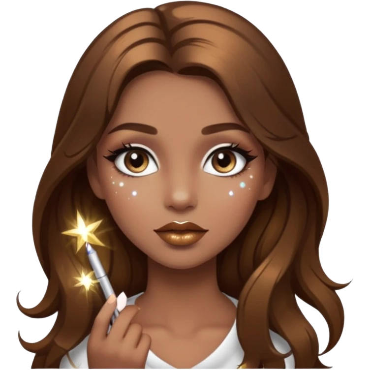 Girl with long brown hair with sparkly white eyeshadow and sparkles on face and bronze lipstick  emoji