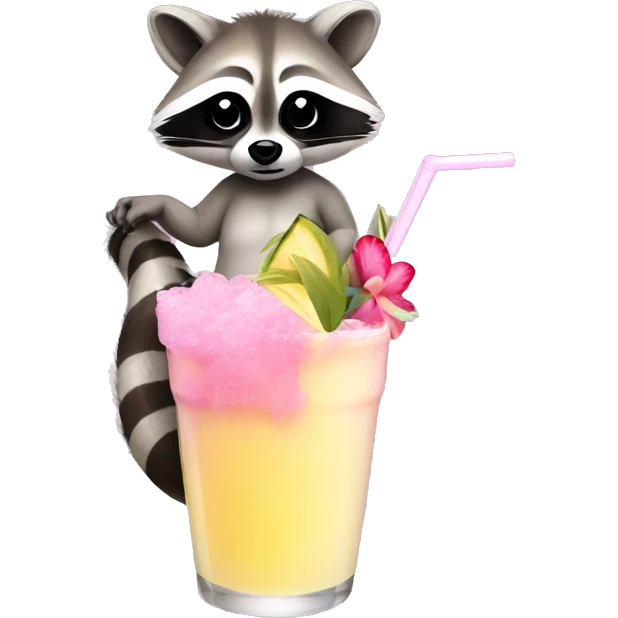 A raccoon with long eyelashes, wearing a pink bikini holding a pina colada emoji