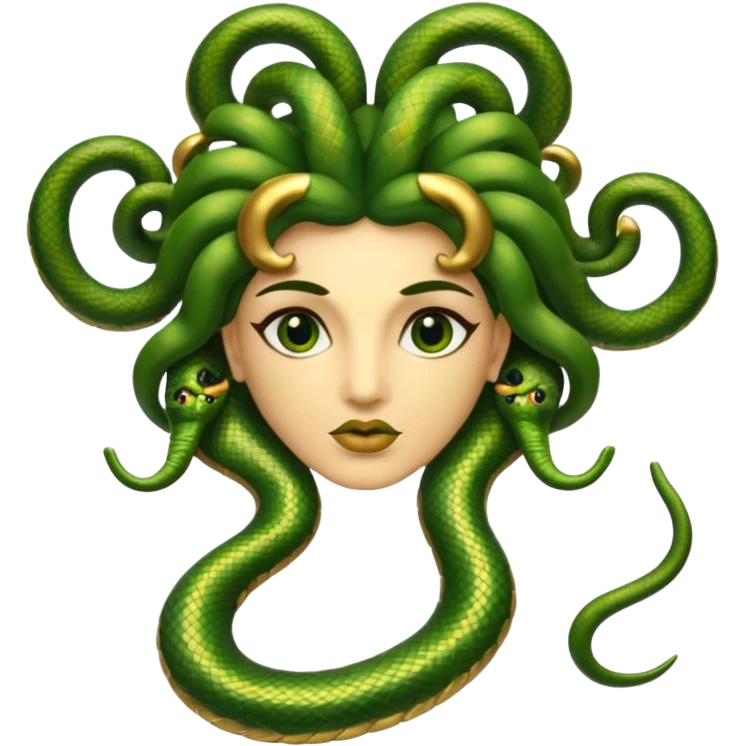 The Sicilian Medusa in gold and green and make the snake hair have snake faces  emoji