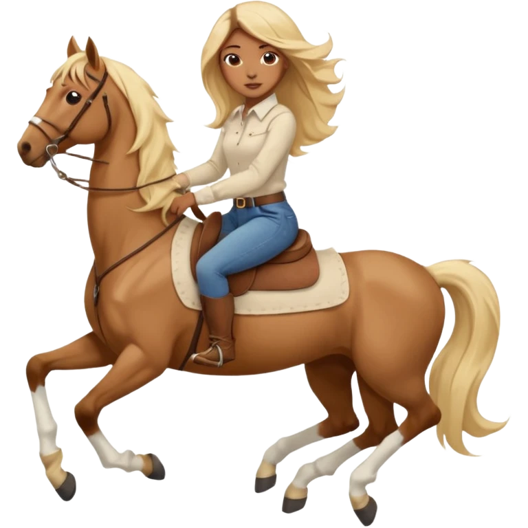 Brown girl with very long blonde/gold hair that’s blowing in the wind wearing a cream colored collared long sleeve shirt and jeans with brown boots on top of a brown horse with 4 legs emoji
