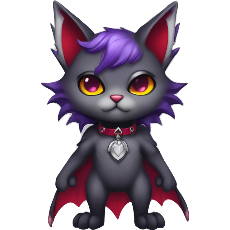 Anthro-Cute-Edgy-Cool-Vampiric-Batty-Cat-Black-Purple-Red-Grey-White-Yellow-Contrast-Colors-Fantasy-Fur-Sona-Chibi-Shiny-Fakémon-Hybrid with horns and fangs and collar full body emoji