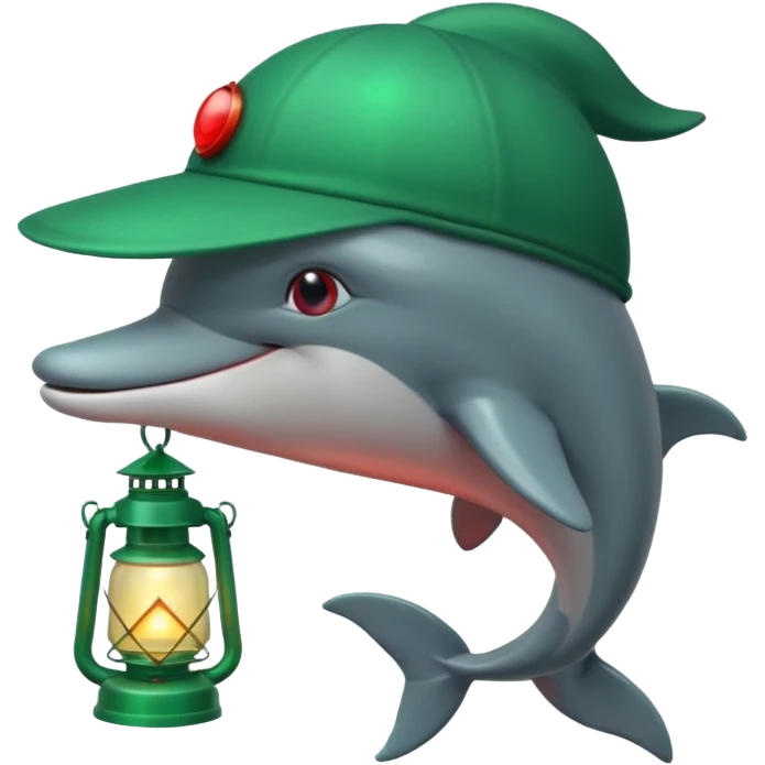 dolphin wearing green hat and a lantern with red light emoji