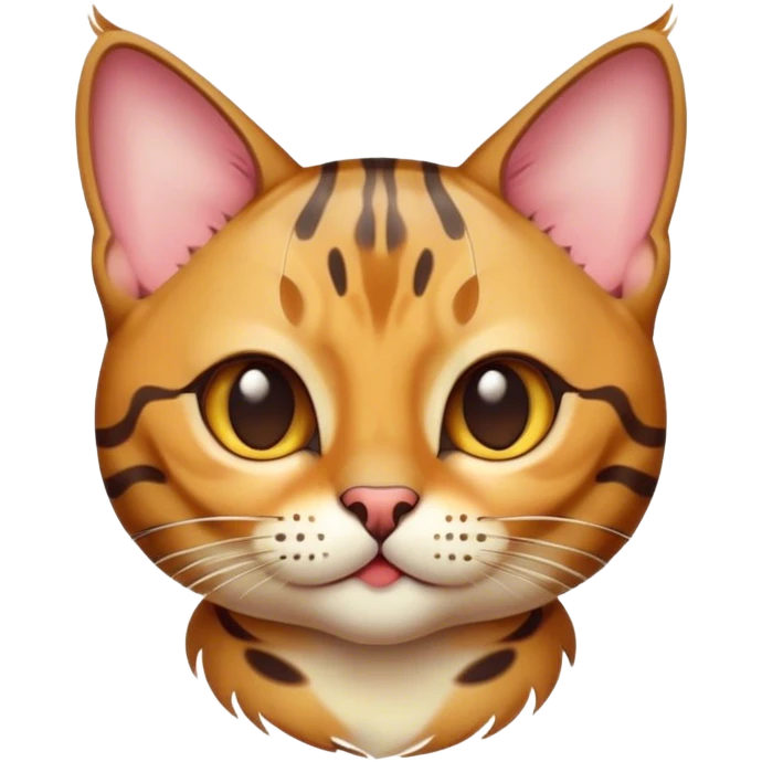 Cinematic Cute Bengal Cat Portrait Emoji, Playful and charming, sleek spotted brown and gold tones, Simplified yet adorable features, highly detailed, glowing with a warm, friendly glow, high shine, curious and affectionate, stylized with a touch of whimsy, bright and alert, soft glowing outline, capturing the essence of a mischievous yet loving kitten, so endearing it feels like it could pounce out of the screen and play! emoji