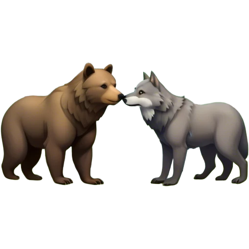 Collage of a bear and a wolf in a beautiful forest, surrounded by tall trees, green foliage, and a serene river. The animals are in their natural habitat, showcasing strength and majesty. A vibrant and peaceful wilderness scene with a transparent background. emoji