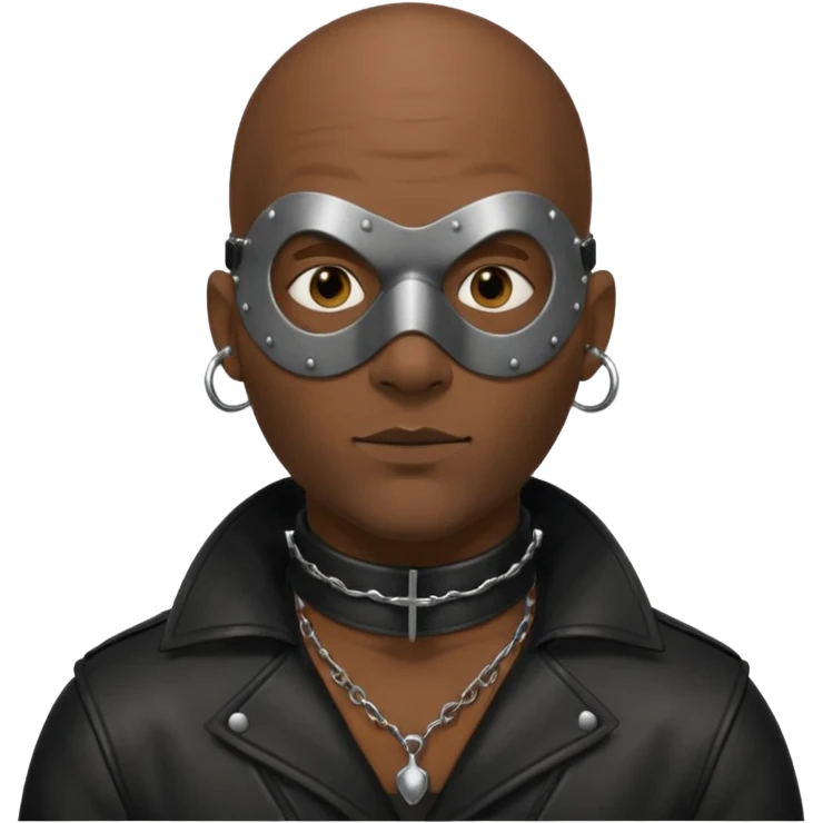Dark guy wearing leather. Leather mask and heavy steel collar. Also bald wit a little stubble. Nose and ears pierced emoji