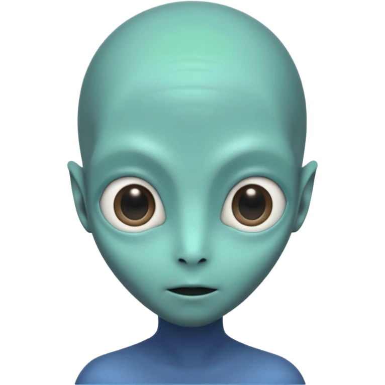 Portrait of an alien with smooth greenish-blue skin, large black oval eyes, small nose, and no visible ears, elongated head, front-facing, wearing brown t-shirt, soft glow, simple futuristic design emoji