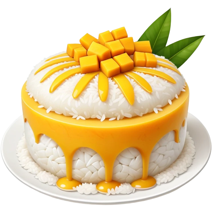 cinematic-realistic-mango-sticky-rice-dessert-emoji,-showcasing-sweet-sticky-rice out of a mould-paired-with-ripe-mango-slices-and-coconut-milk-rendered-with-lifelike-detail-and-warm,-inviting-lighting with the coconut  milk over the rice emoji
