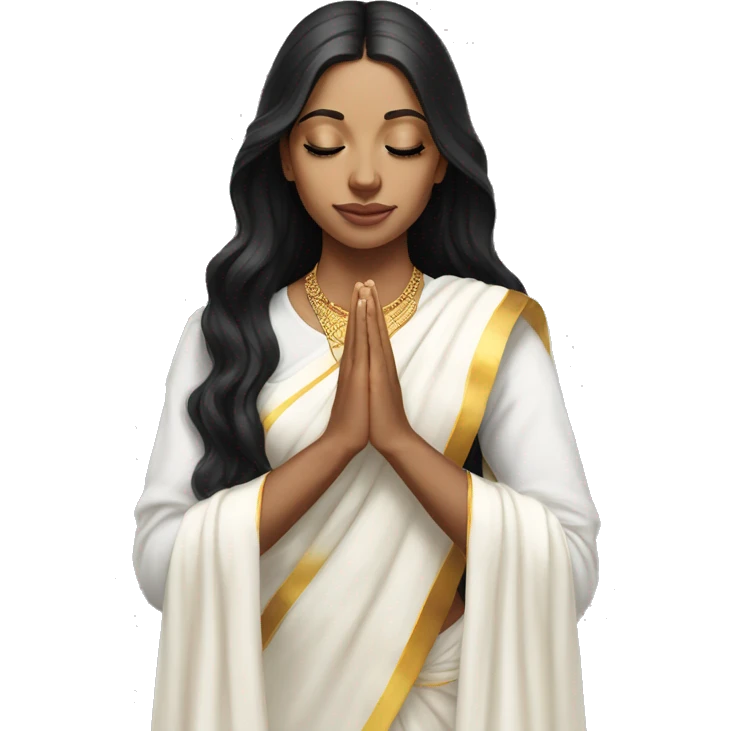 Light skin ;Black long hair wearing white saree praying infront a white temple emoji