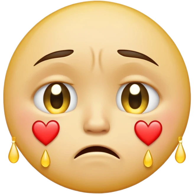 A yellow circular frowning face that is crying, with hearts floating from top to bottom emoji