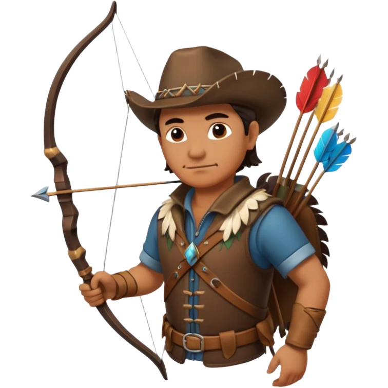 The classic middle-aged hunter with a bow and arrow on his back, dressed in brown with decorations made of feathers or bone teeth emoji