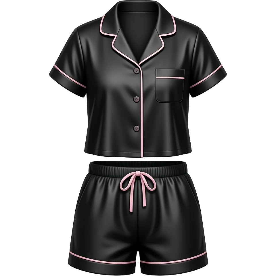 black silk female pajama top & shorts set with light pink lines emoji