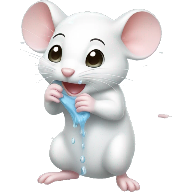 Cute white mouse scrubbing himself in a bubbly shower emoji