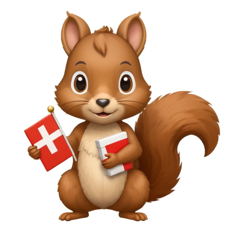 a squirrel holding a brown gift box in one hand and a Swiss flag in the other, both objects clearly visible, simple white background, the gift is a different color from the flag emoji