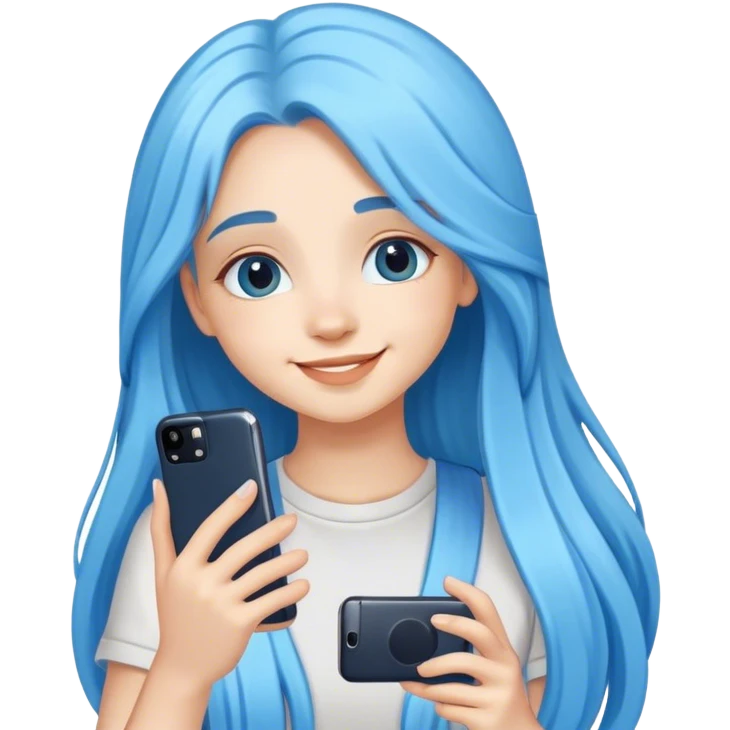 happy cute girl with long blue hair take a photo with her phone emoji