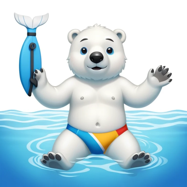 friendly anthropomorphised polar bear swimming in a wide pool, wearing colorful swim trunks and snorkel gear emoji