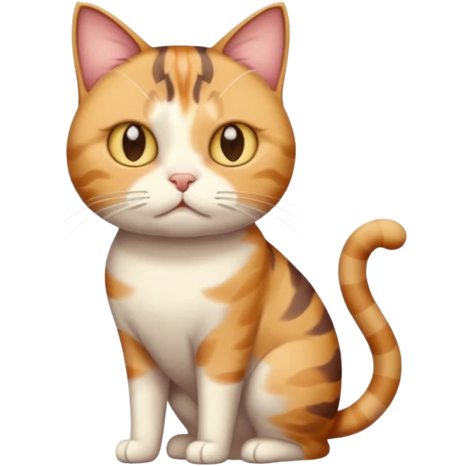 full body calico tabby cat with skinny head and fat body with an anxious face emoji