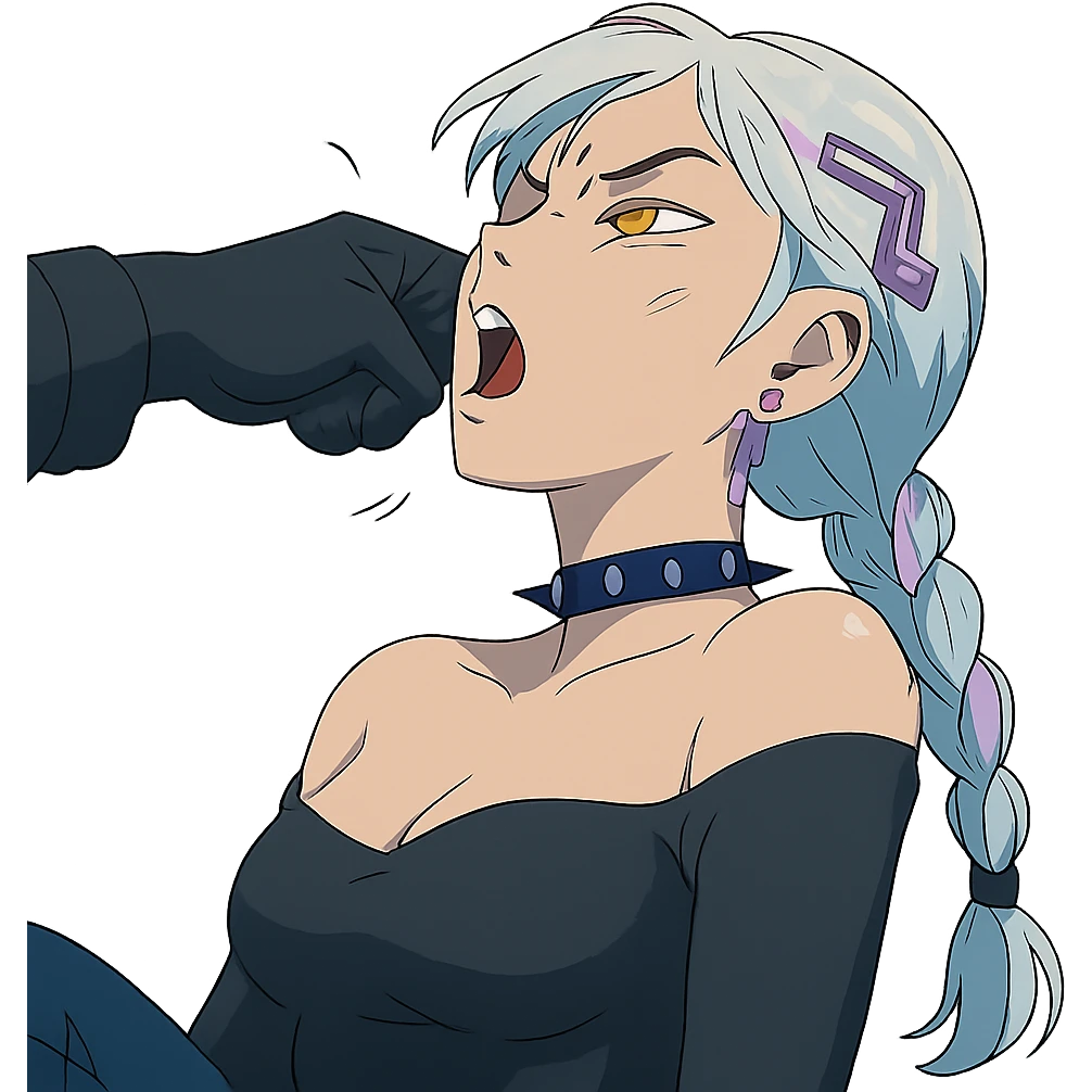  she is getting punched in the face, facepunch, her head is tilting back, a closeup portrait of young woman with gold yellow eyes, white hair, long braid, black off-shoulder top d-cup, punk gothic style, futuristic cyberwave cyberpunk, sitting position
 emoji