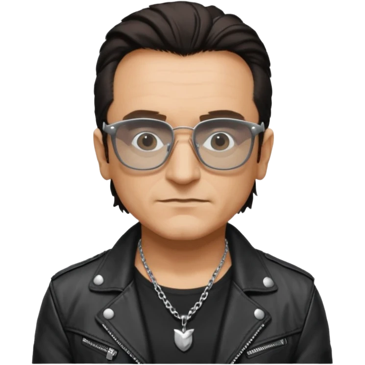 Bono with black glasses, shirt with silver necklace, black leather jacket  emoji