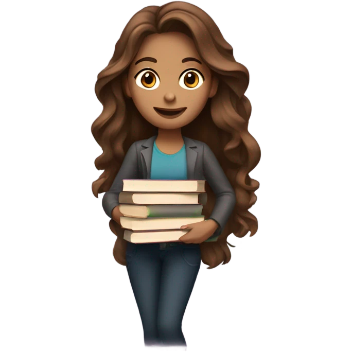 A woman with long wavy brown hair and books emoji