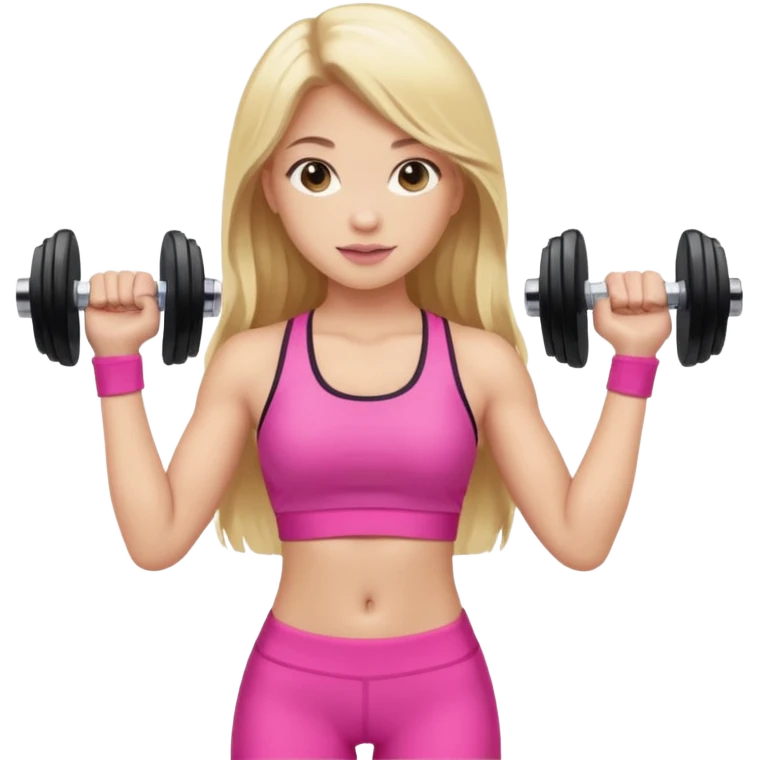 beautiful girl with brown hairs in sport wear in her hands is dumbbells her skin was light and hairs too and her sport wear was pink  her hair was long and blonde  emoji