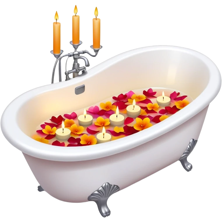 A white bathtub with warm water, with flower petals and scented candles, romantic lush warm colors emoji