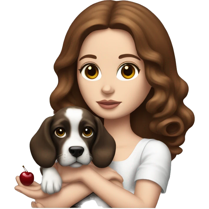 lana del rey holding a dog with a cherry on the head emoji