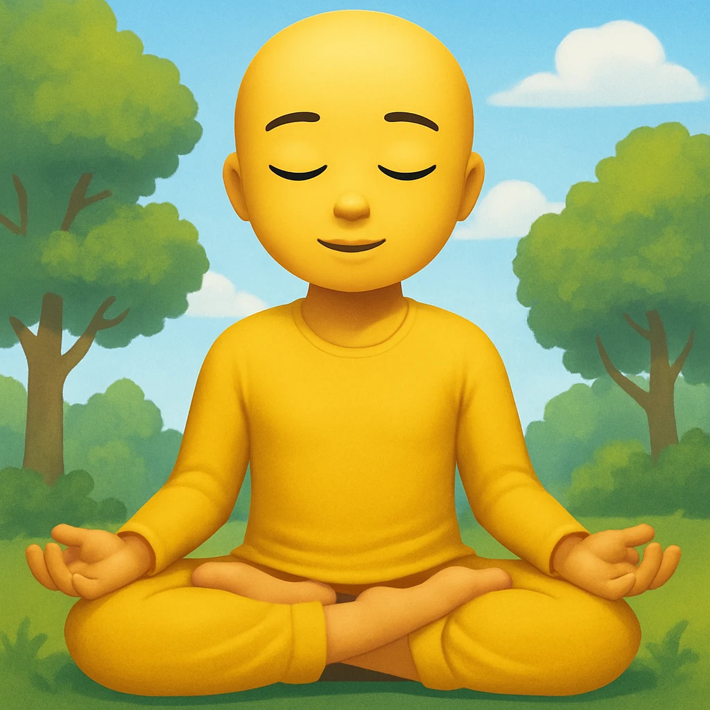 Add a peaceful nature background with trees and sky behind the meditating emoji, keep the classic emoji style emoji