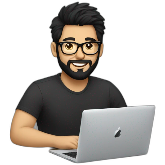 Designer with black hair, beard and glasses working with MacBook and drinking cappuccino  emoji