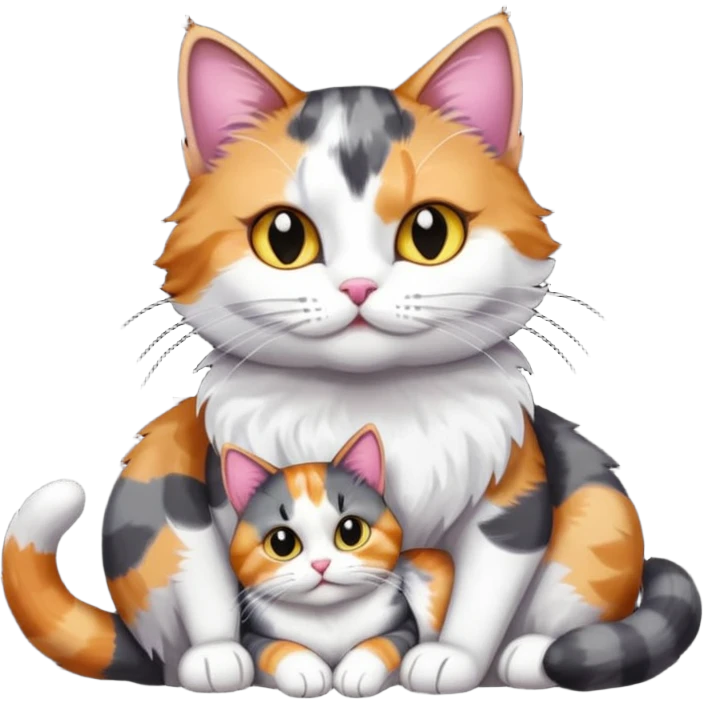 full body colourful light patched calico + white tabby cat cuddling a big dark grey and white tabby cat  emoji