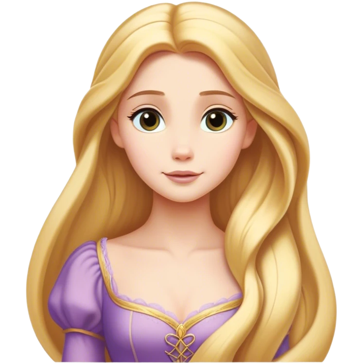 Cinematic Timeless Rapunzel Portrait Emoji, rendered in a clean, vector style. Depict Rapunzel with porcelain skin, beautifully styled long golden hair, and a serene, graceful expression, dressed in her classic gown. The design features bold, clean lines, a soft, magical glow, and a subtle glowing outline that captures her timeless, fairy-tale beauty. emoji