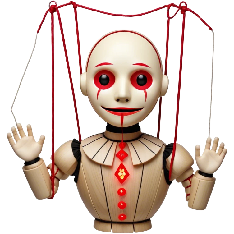 Cursed Marionette A haunted wooden puppet with glowing red strings, cracked porcelain face, and eerie floating movements emoji