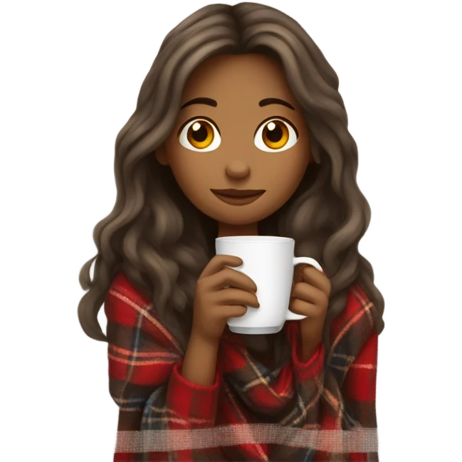 Beautiful girl with long hair wrapped in cozy plaid blanket drinking coffee emoji