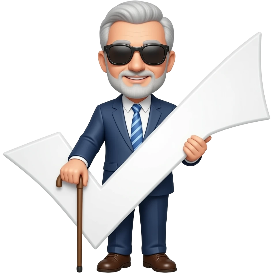 an emoji to represent blind approval of a github pull request, merge the man with cane using sunglasses with a big white checkmark emoji