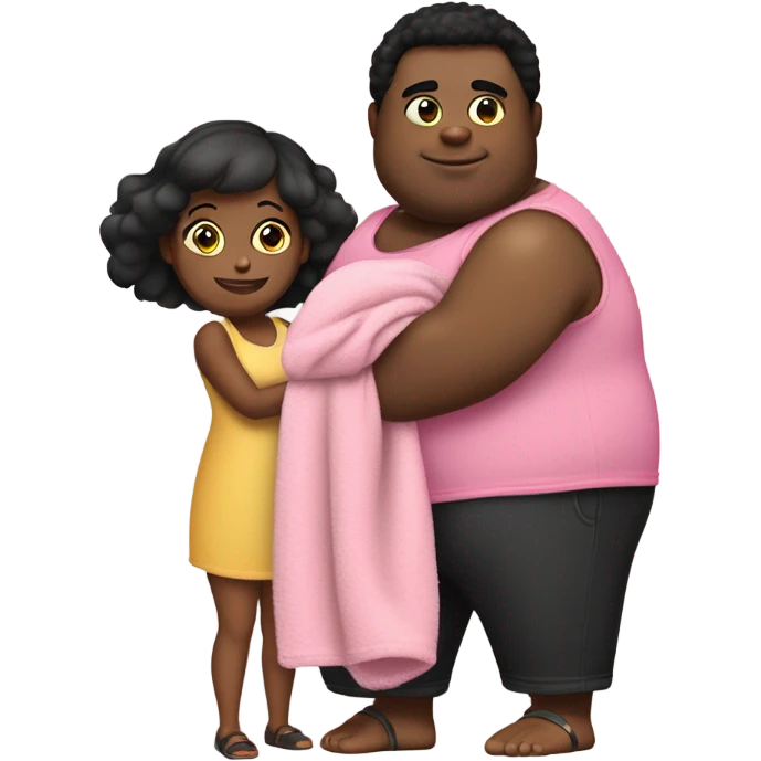 Fat short black kid wearing black shorts, a wife beater carrying a pink blanket over his shoulder saying I love you emma emoji