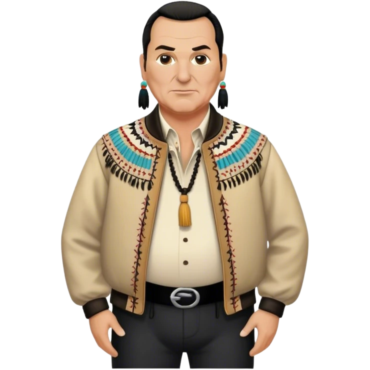 unhealthy steven segal standing balding with ponytail. pot belly. native american style jacket-with-tassles black pants big belly emoji