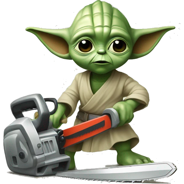 Yoda’s kid saws with a chainsaw. In a painted style emoji
