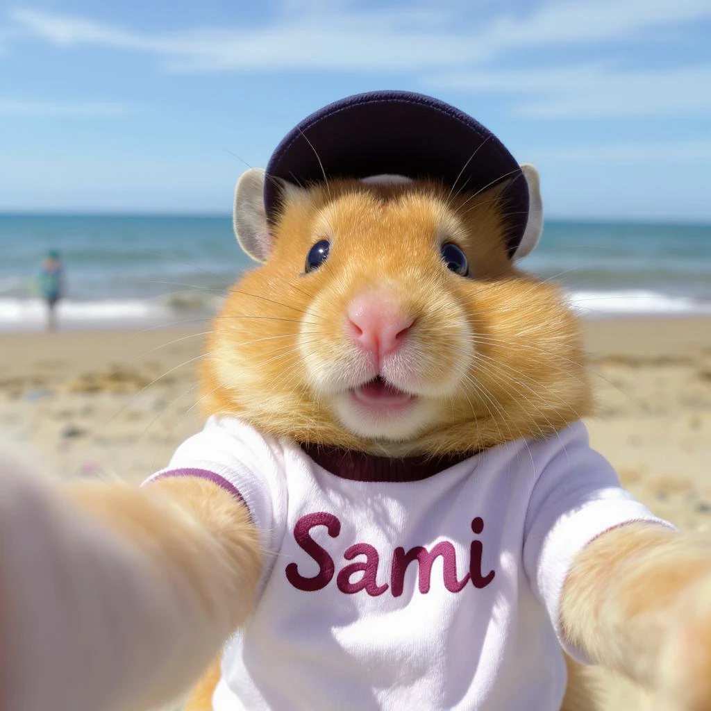 Orange tabby hamster in a t-shirt saying "Sami" and cap taking selfies against the background of beach and blue sea, shot with an 85 mm f/11 lens, ISO 100, 8K RAW, no blur emoji