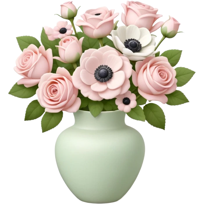 light pink roses and white anemone flowers bouquet in ceramic clay vase, soft emoji