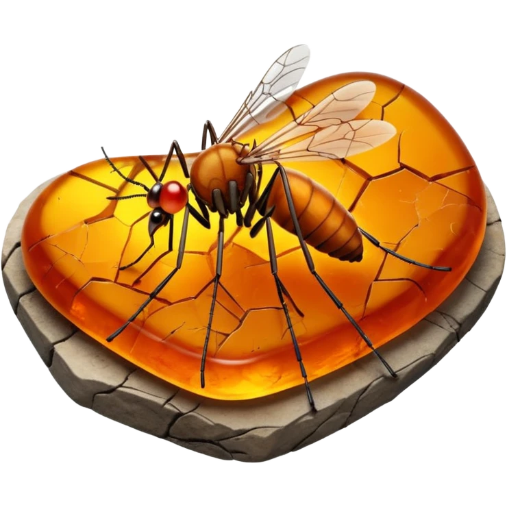 3D render of Amber Mosquito, embedded in a chunk of rough sedimentary rock, cracked stone texture, ancient fossil aesthetic, trapped inside a glowing translucent orange amber gem, matte dry finish, Apple emoji style, isolated on white background --v 6.0 emoji