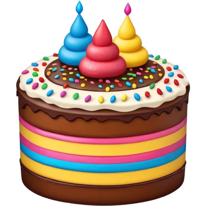 double-layered cake emoji with rich fudge and strawberry layers, topped with rainbow sprinkles and vibrant colors emoji