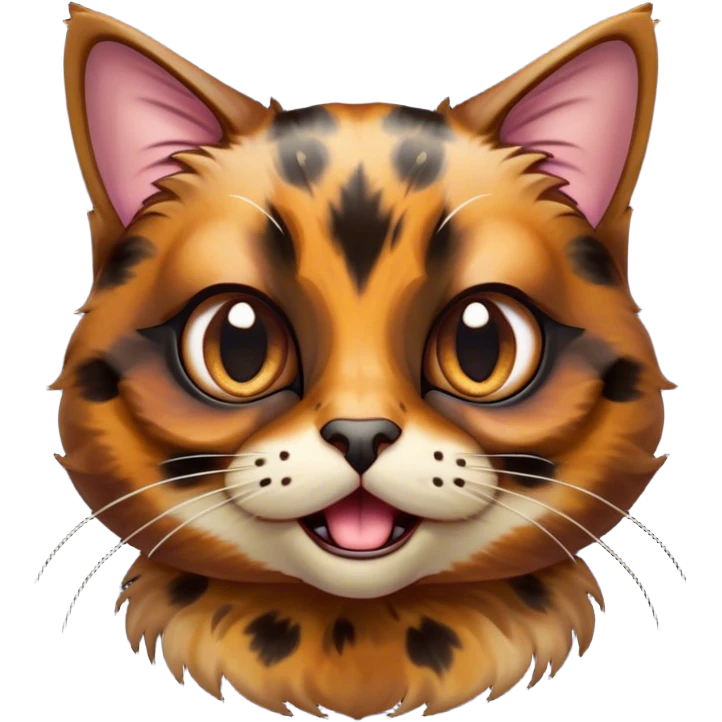 Cinematic Comical Tortoiseshell Cat Portrait Emoji, Head cocked dramatically with an over-the-top shocked expression, featuring a rich mottled fur of browns and blacks and wide, comically animated eyes full of playful disbelief, simplified yet hilariously detailed, glowing with a bold, sassy radiance, high shine, exuding a mischievous and spirited charm, styled with a soft glowing outline, capturing the essence of a tortoiseshell cat that appears ready to burst into comical antics! emoji