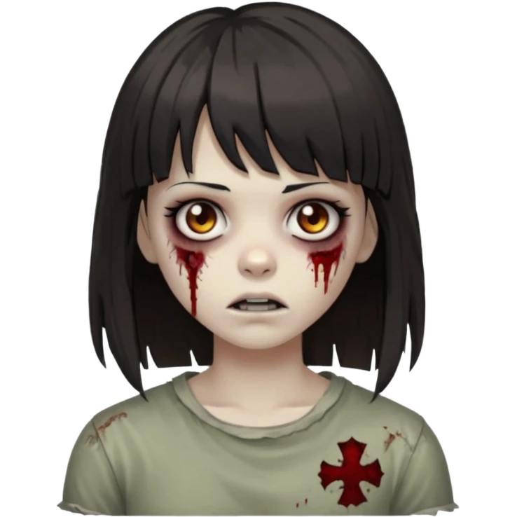  iPhone emoji is a zombie girl with dark hair long below her shoulders bangs and a ragged haircut gray eyes emoji