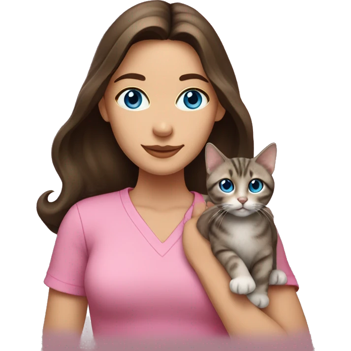 White woman with blue eyes and long dark hair wearing a pink shirt and holding a tabby cat emoji